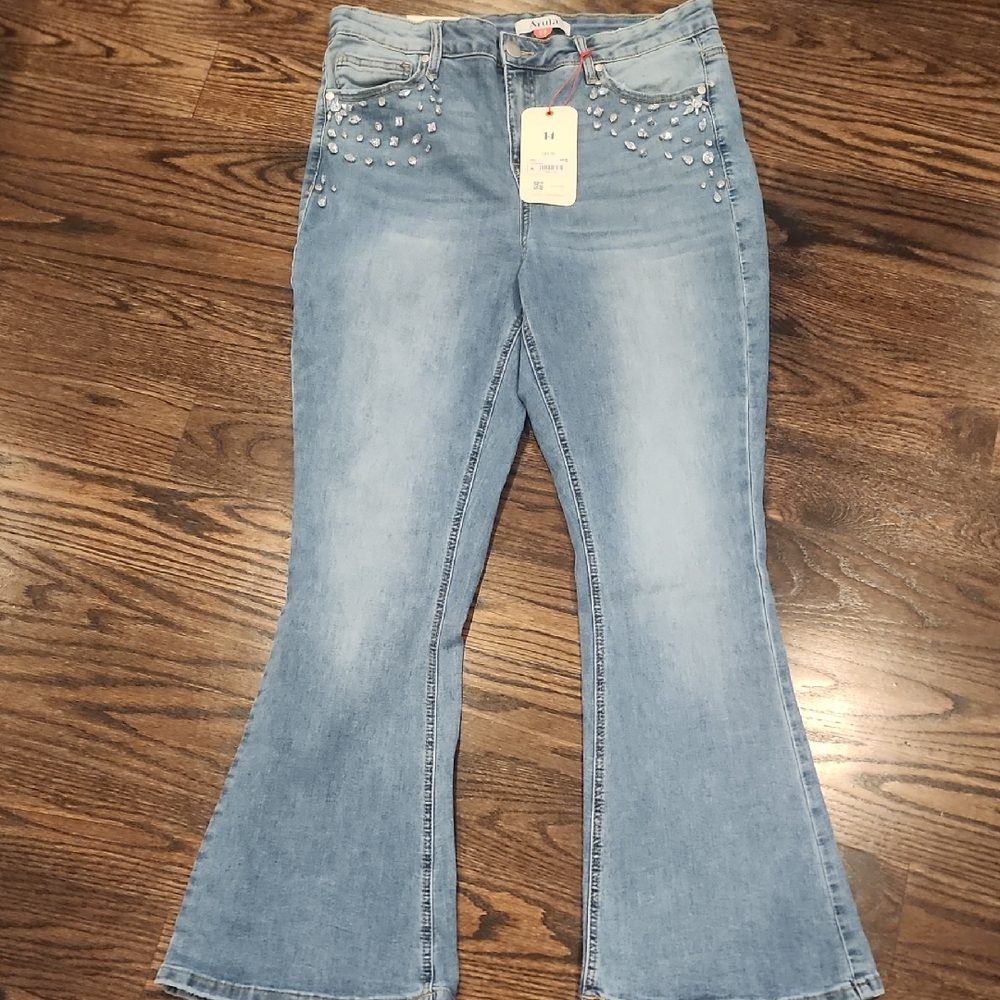 ARULA Light Blue Flare Jeans with Embellishments
